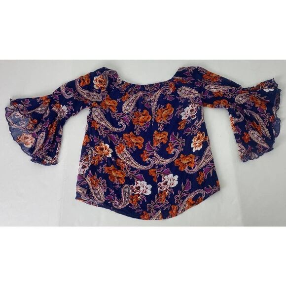 Whimsigoth Bell Sleeve Shirt Blouse Floral Rayon Blue Purple Small - Picture 2 of 8